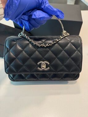 CHANEL Black Quilted Leather Top-Handle Flap Bag with Gold Hardware